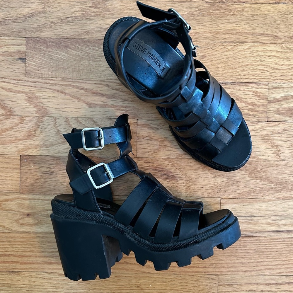 Chunky Black Platform Sandals with Buckles
